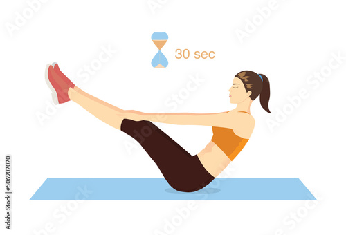 Woman doing abdominal workout with v-ups exercise for 30 sec per round. Illustration about abs workout diagram with sandglass icon that meaning the right time.