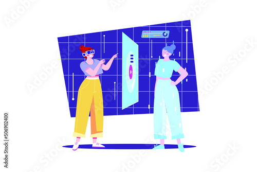 Woman creating metaverse avatar Illustration concept. Flat illustration isolated on white background.