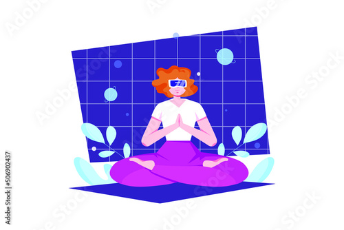 Woman doing meditation in the metaverse Illustration concept. Flat illustration isolated on white background.
