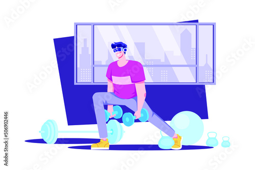 Man exercising in the metaverse Illustration concept. Flat illustration isolated on white background.