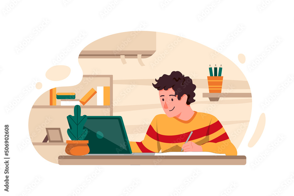 Fototapeta premium Boy learning from home Illustration concept. Flat illustration isolated on white background.