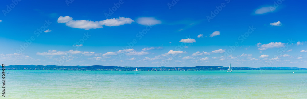 Hungary, Lake Balaton with turquoise water, panoramic shot