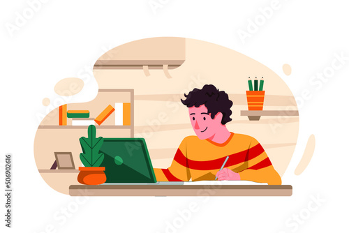 Boy learning from home Illustration concept. Flat illustration isolated on white background.