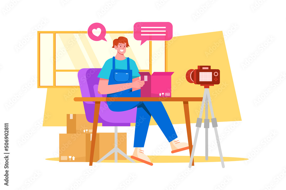 Product unboxing and review Illustration concept. Flat illustration isolated on white background.