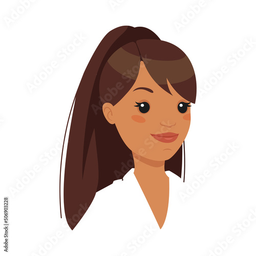 Face of Brunette Office Woman Character with Ponytail in White Blouse Smiling Demonstrating Emotion of Happiness Vector Illustration