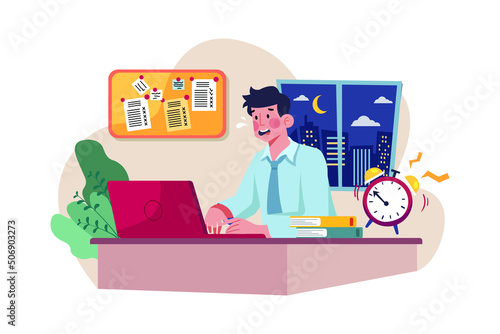 Man working till late hours Illustration concept. Flat illustration isolated on white background.