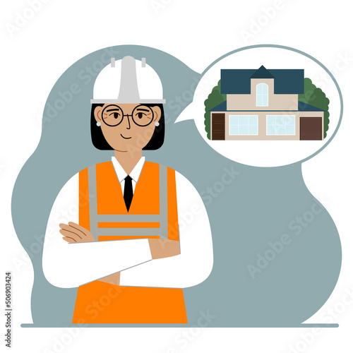The constructor is thinking about building a house. A smiling woman in a hardhat and a vest is planning a work process. Engineer, house construction concept.