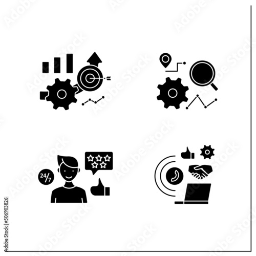 Business automation glyph icons set. Customer service, accuracy improved, tracking process, technology integration. Business optimization.Filled flat signs. Isolated silhouette vector illustrations