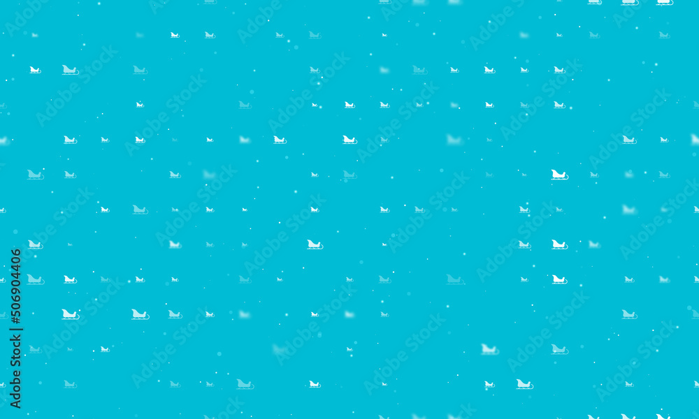 Seamless background pattern of evenly spaced white sleigh symbols of different sizes and opacity. Vector illustration on cyan background with stars Seamless background pattern of evenly spaced white sleigh symbols of different sizes and opacity. Vector illustration on cyan background with stars