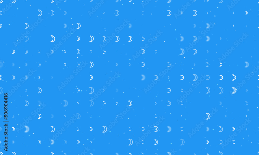 Seamless background pattern of evenly spaced white moon astrological symbols of different sizes and opacity. Vector illustration on blue background with stars Seamless background pattern of evenly spaced white moon astrological symbols of different sizes and opacity. Vector illustration on blue background with stars