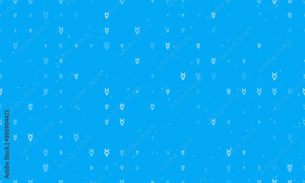 Seamless background pattern of evenly spaced white astrological mercury symbols of different sizes and opacity. Vector illustration on light blue background with stars Seamless background pattern of evenly spaced white astrological mercury symbols of different sizes and opacity. Vector illustration on light blue background with stars