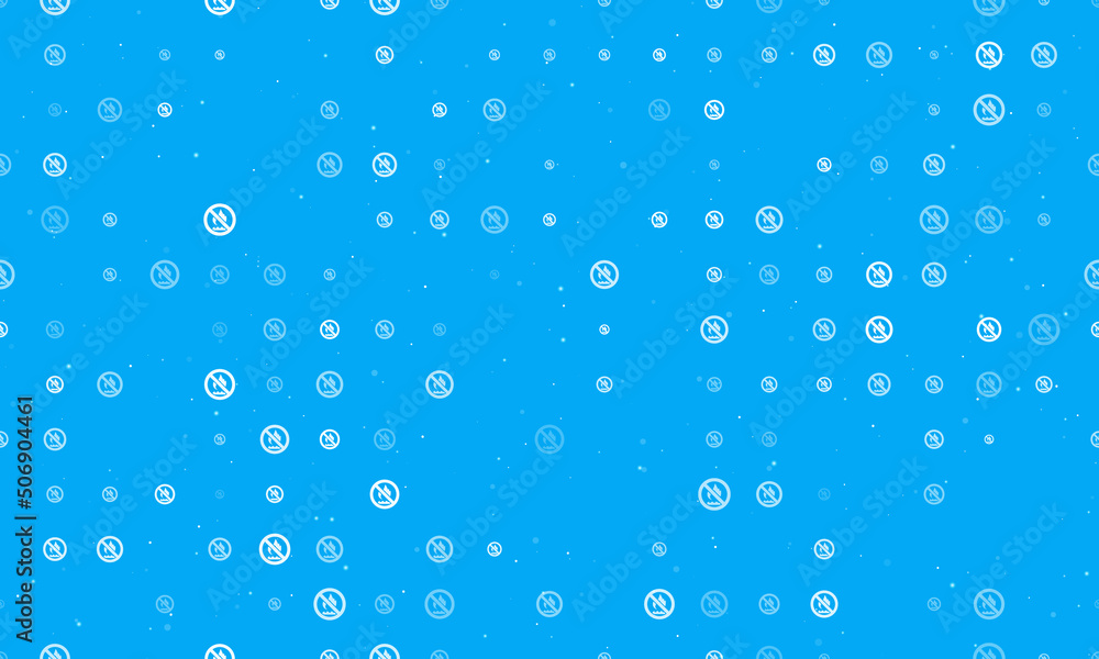 Seamless background pattern of evenly spaced white no gas symbols of different sizes and opacity. Vector illustration on light blue background with stars