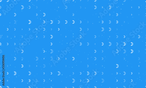 Seamless background pattern of evenly spaced white moon astrological symbols of different sizes and opacity. Vector illustration on blue background with stars