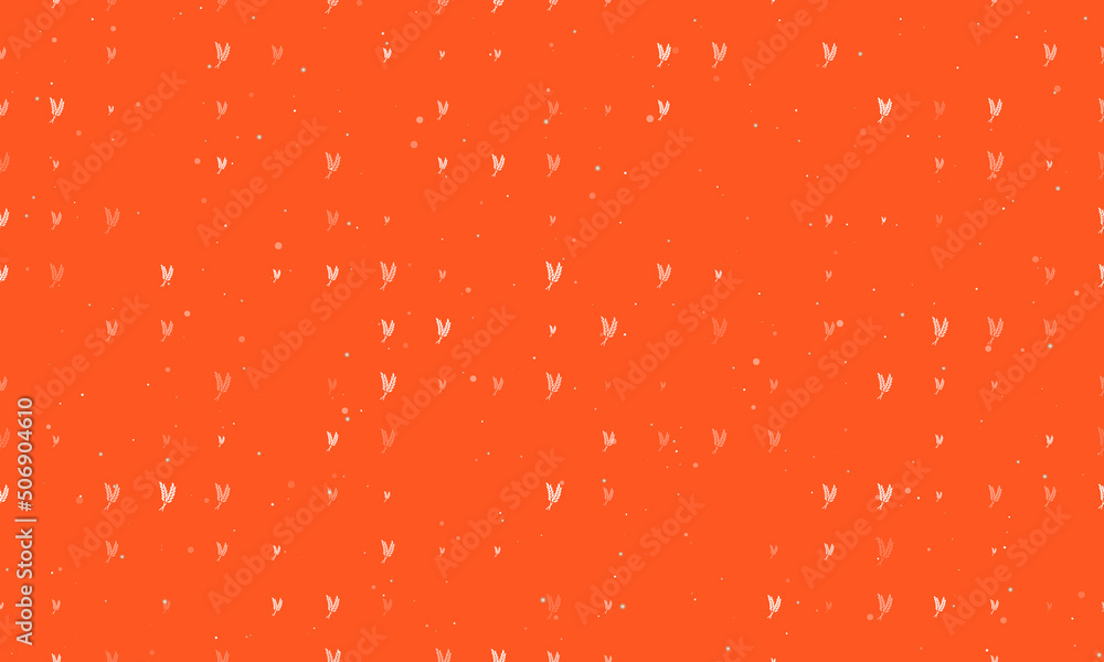 Seamless background pattern of evenly spaced white wheat symbols of different sizes and opacity. Vector illustration on deep orange background with stars Seamless background pattern of evenly spaced white wheat symbols of different sizes and opacity. Vector illustration on deep orange background with stars