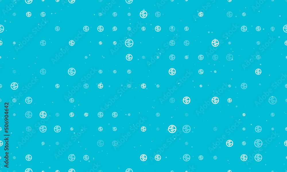 Seamless background pattern of evenly spaced white no dollar symbols of different sizes and opacity. Vector illustration on cyan background with stars