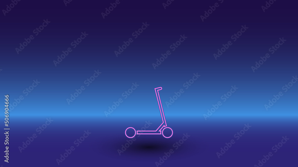 Neon kick scooter symbol on a gradient blue background. The isolated symbol is located in the bottom center. Gradient blue with light blue skyline Neon kick scooter symbol on a gradient blue background. The isolated symbol is located in the bottom center. Gradient blue with light blue skyline