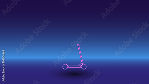 Neon kick scooter symbol on a gradient blue background. The isolated symbol is located in the bottom center. Gradient blue with light blue skyline