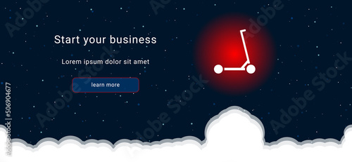 Business startup concept Landing page screen. The kick scooter symbol on the right is highlighted in bright red. Vector illustration on dark blue background with stars and curly clouds from below