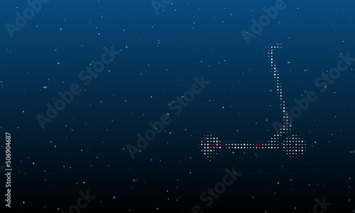 On the right is the kick scooter symbol filled with white dots. Background pattern from dots and circles of different shades. Vector illustration on blue background with stars
