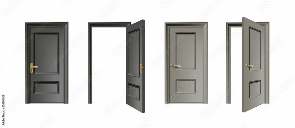 3d realistic vector icon set. Door set entrance collection with closed and open doors. 3d realistic vector icon set. Door set entrance collection with closed and open doors.