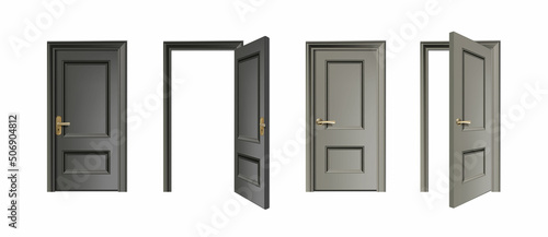 3d realistic vector icon set. Door set entrance collection with closed and open doors.