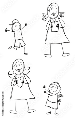 Set with doodles of different moms with her children, Vector illustration