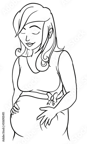 Drawing to coloring with serene woman expecting her baby, Vector illustration