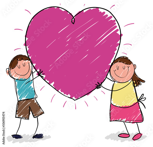 Cute siblings holding a pink heart in doodle style, Vector illustration