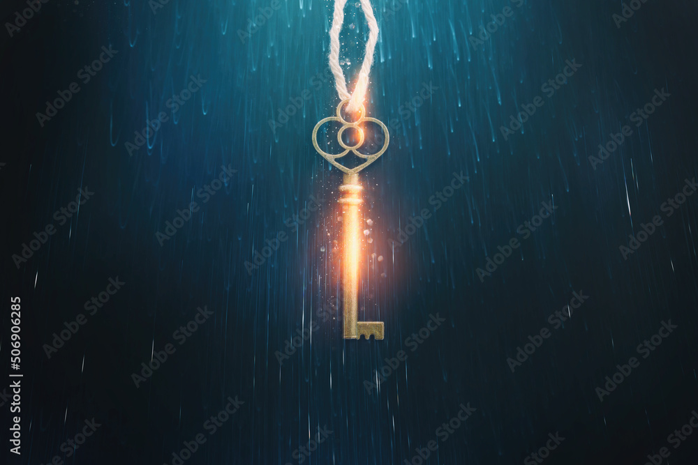 Golden key with glowing lights and dark background, wisdom, wealth, and spiritual concept - obrazy, fototapety, plakaty 