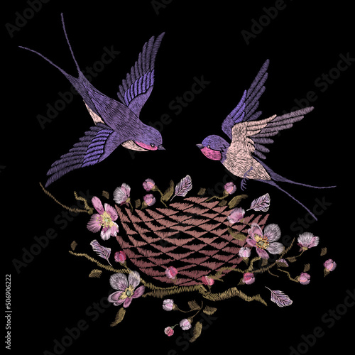 Embroidery floral seamless pattern with oriental swallow's nest and cherry blossom