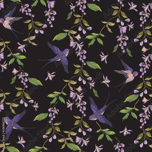 Embroidery oriental floral seamless pattern with swallows and  lilac blossom.