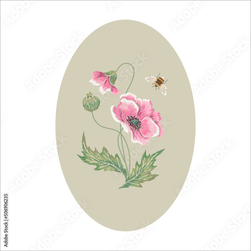 Embroidery satin stitch floral pattern with poppies flowers and bee.