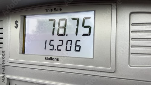 Prices rising at the gas pump, as gasoline costs $5.179 per gallon in the Chicago area in May 2022. Filling the tank of an SUV costs over $80. photo