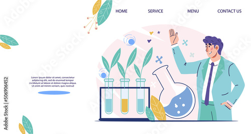 Agronomy and agriculture, biology laboratory research and study of new plant cultivation technologies website mockup. Webpage for plant breeding and genetic modification, flat vector illustration.