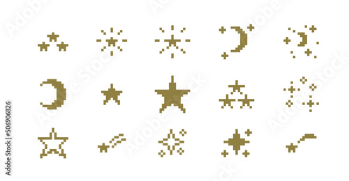 ドット絵　星と月のきらきら装飾イラストセット　ピクセル