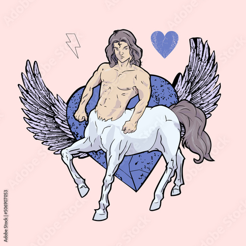 T-shirt design of a centaur with a winged heart on the back isolated on pink. vector illustration of mythological character