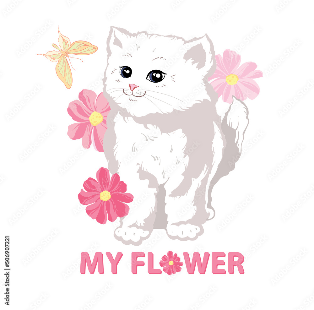 A charming cute white kitty with big eyes stands in pink flowers and butterflies A charming cute white kitty with big eyes stands in pink flowers and butterflies