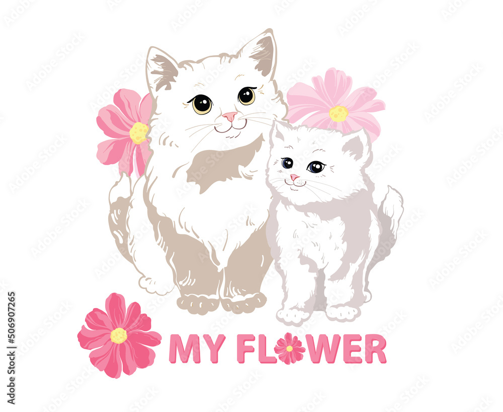 Obraz premium Two charming cute white kitties with big eyes stands in pink flowers
