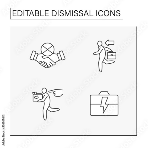 Dismissal line icons set. Contract termination between worker and company. Handshake. Scandalled fired. Dismissal concept. Isolated vector illustrations. Editable stroke