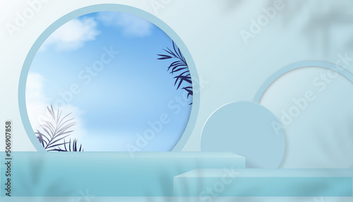 Studio room backdrop with 3D podium display, palm leaf shadow on blue wall background,Vector illustration banner stand cube mockup, Minimal style for Spring,Summer product presentation or sale