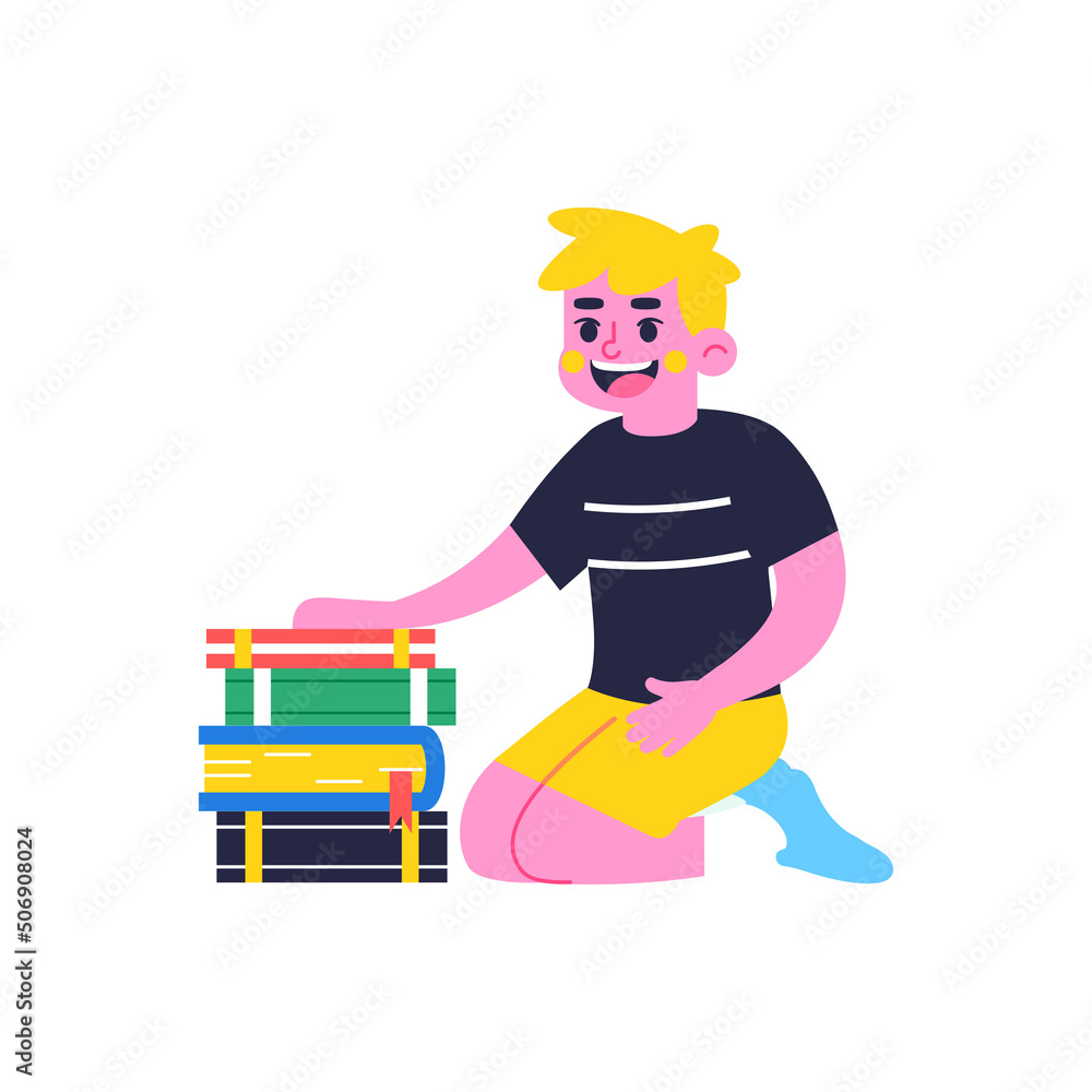 Happy boy character with books Back to school Vector illustration