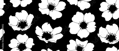 Seamless patttern with rose hip flowers. Endless design for wallpaper, fabric print. Black and white colors.