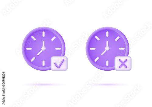 3D clock icons isolated on white background. Tick and cross sign. Yes or no. Time-keeping and measurement of time. Time period concept. Can be used for many purposes. Trendy vector in 3d style.