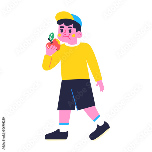 Happy boy character eating an apple Back to school Vector illustration