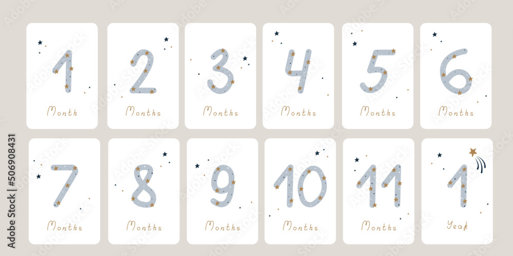 Fototapeta premium Cute set of monthly milestone cards. Baby postcards with numbers and stars for a newborn boy or girl. Print baby shower, baby's birthday. Kids collection of 1-11 months and 1 year. Nursery design