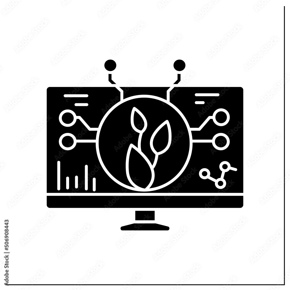 Obraz premium Smart farming glyph icon. Plant grow on computer screen with data connection. Crop health condition monitoring and harvesting.Filled flat sign. Isolated silhouette vector illustration