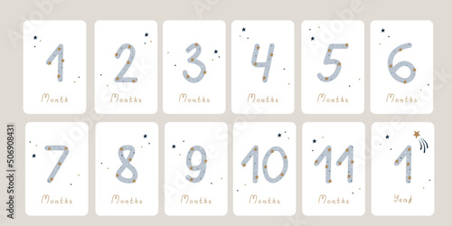 Cute set of monthly milestone cards. Baby postcards with numbers and stars for a newborn boy or girl. Print baby shower, baby's birthday. Kids collection of 1-11 months and 1 year. Nursery design