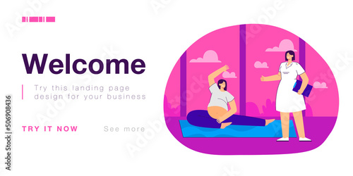 Pregnant woman doing yoga exercises under supervision of doctor. Nurse giving thumbs up to female with belly flat vector illustration. Pregnancy, health, fitness concept for banner or landing web page