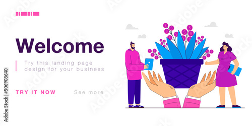 Tiny people looking at money tree with huge hands holding it. Metaphor of profit growth flat vector illustration. Business owner, business growth concept for banner, website design or landing web page