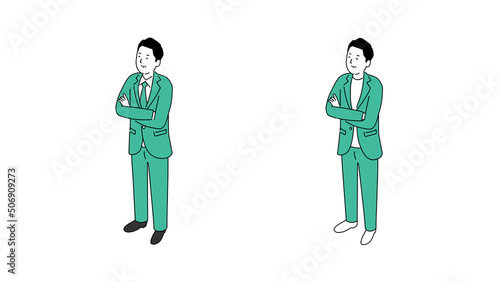 腕組みをする笑顔の中年男性のイラスト、スーツとビジネスカジュアル、アイソメトリック、ベクター